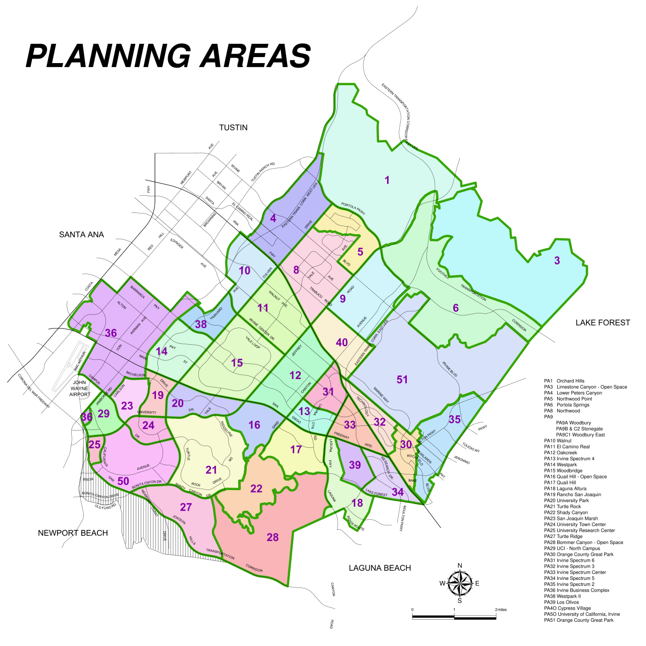 2013 City of Irvine planning areas map showing numbered community planning areas