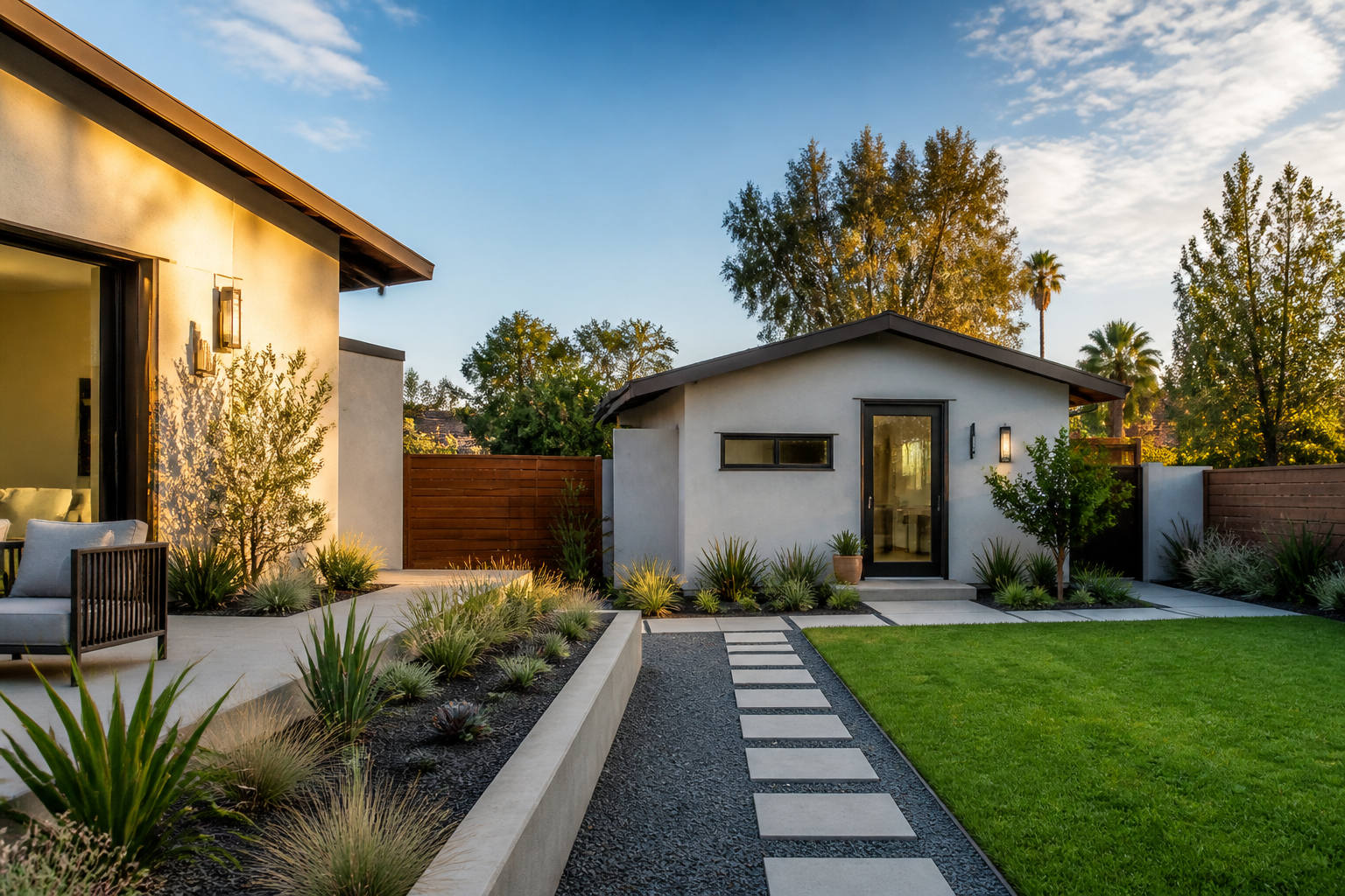 Editorial illustration of a detached accessory dwelling unit behind a Southern California home