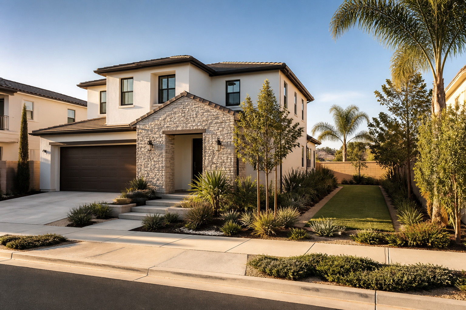 Editorial illustration of a detached Orange County home with flexible side-yard potential