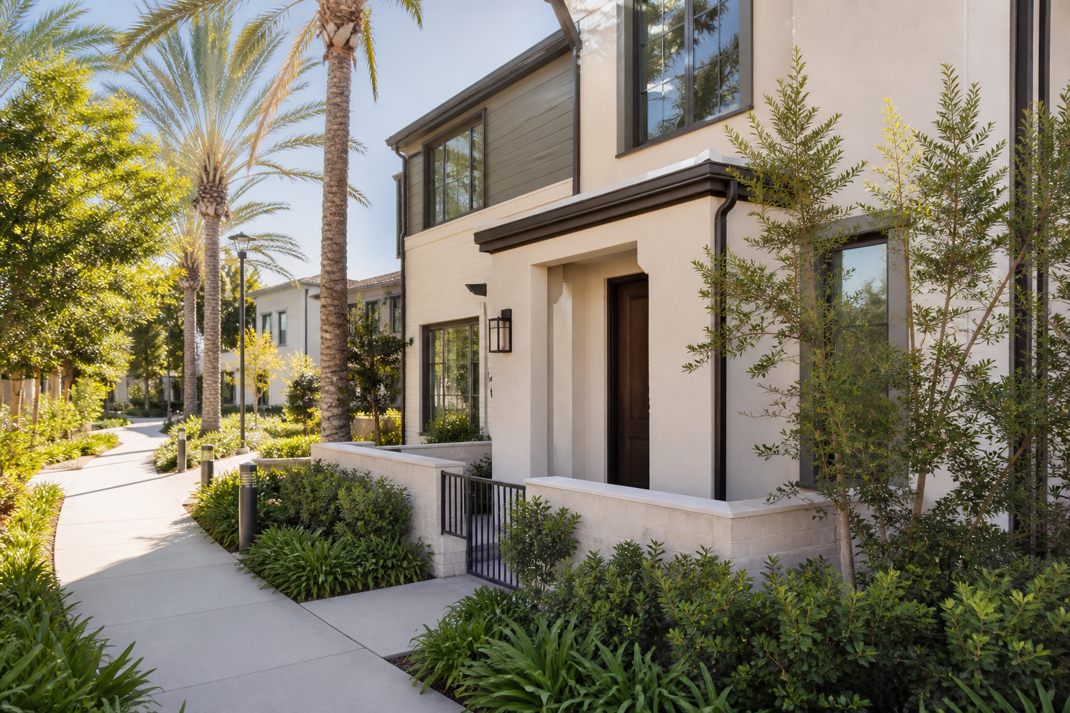 Editorial illustration of a modern Orange County townhome in a landscaped planned community