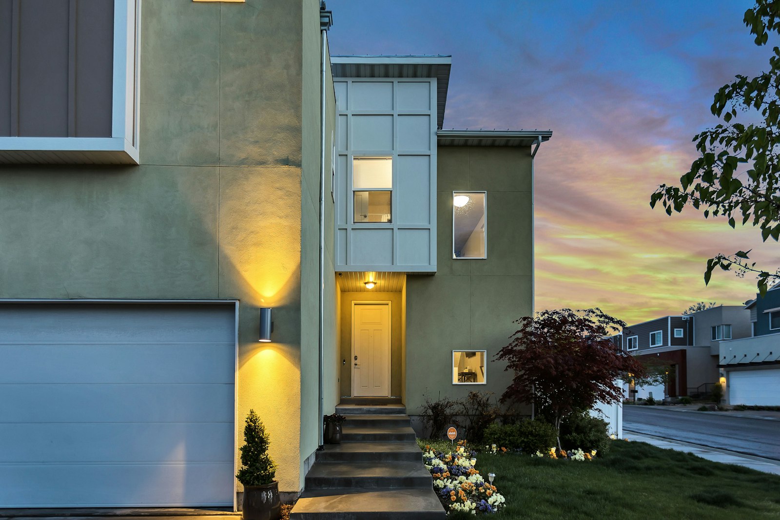 Stock photo of a suburban house at dusk