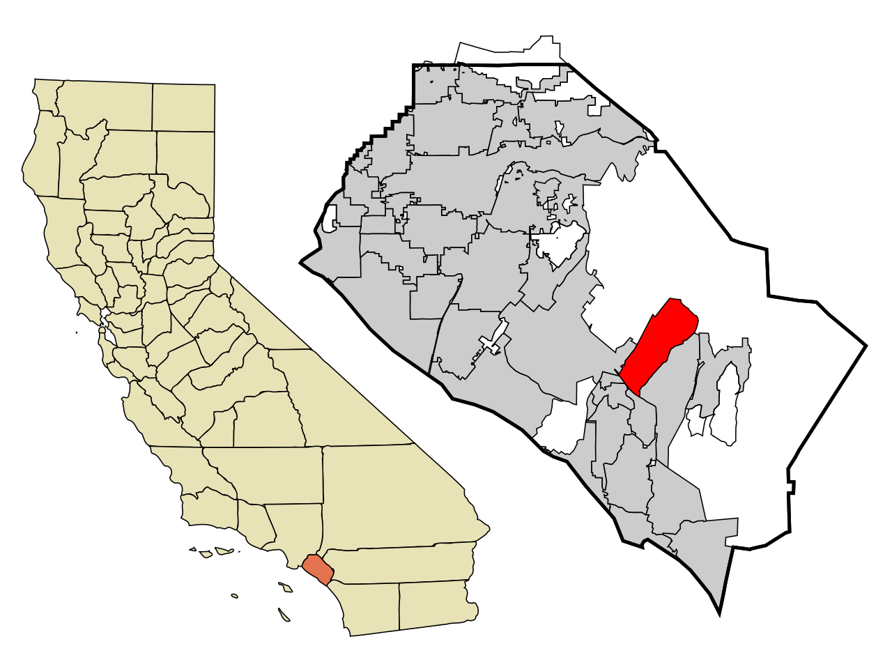 Locator map highlighting Lake Forest within Orange County and California